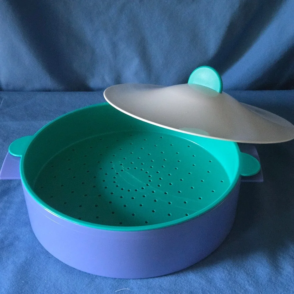 Tupperware Microwave Multi Steamer 3 Piece Set Purple Teal White Vintage USA